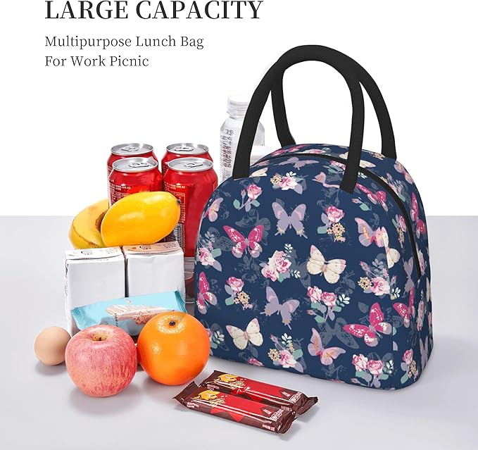 Lunch Bag Lunch Box for Women Men Boys Girls, Reusable Insulated Lunch Tote Bag, Leakproof Thermal Cooler Sack Food Handbags High Capacity for Work School Picnic Camping Gifts (Butterfly)