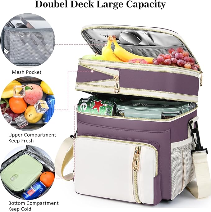 Lunch Box & Lunch Bag for Women, Large Insulated Adult Lunch Box Leakproof Lunchbox Cooler Bag for Work Picnic Beach,16L, Pink-purple & White