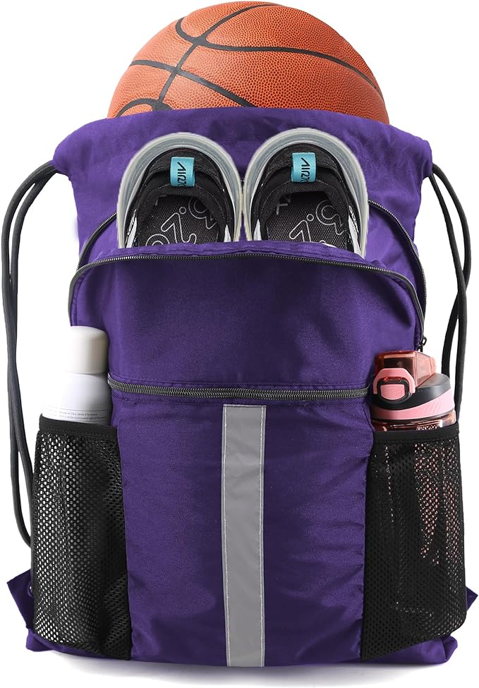 BeeGreen Drawstring Backpack Bag with Shoe Compartment, X-Large Black Gym Sports String Cinch Backpack