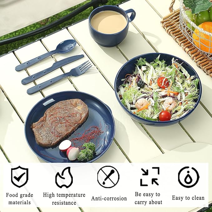 Evanda Camping Mess Kit with Bowl, Plate, Cup, Spoon, Fork, Knife and Carry Bag, Reusable Camping Accessories Essentials Gear Light Weight and Small Space Easy to Carry or Put in Backpack