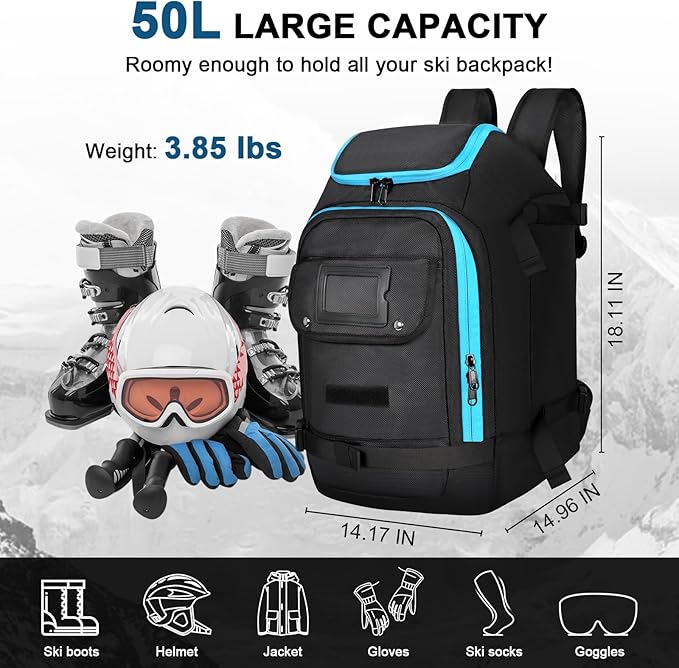 Geestock Ski Boot Bag, 50L Ski and Snowboard Boot Travel Backpack Waterproof Large Duffle Travel Bag for Ski Helmet, Skis, Snowboard & Accessories
