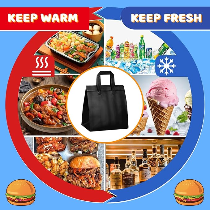 Hushee 200 Pcs Insulated Take out Bags Bulk Thermal Insulation Take Away Bags Disposable 10.24x11.02x6.69 Inch for Grocery Lunch Hot Cold Frozen Food Delivery Shipping Cooler(Black)