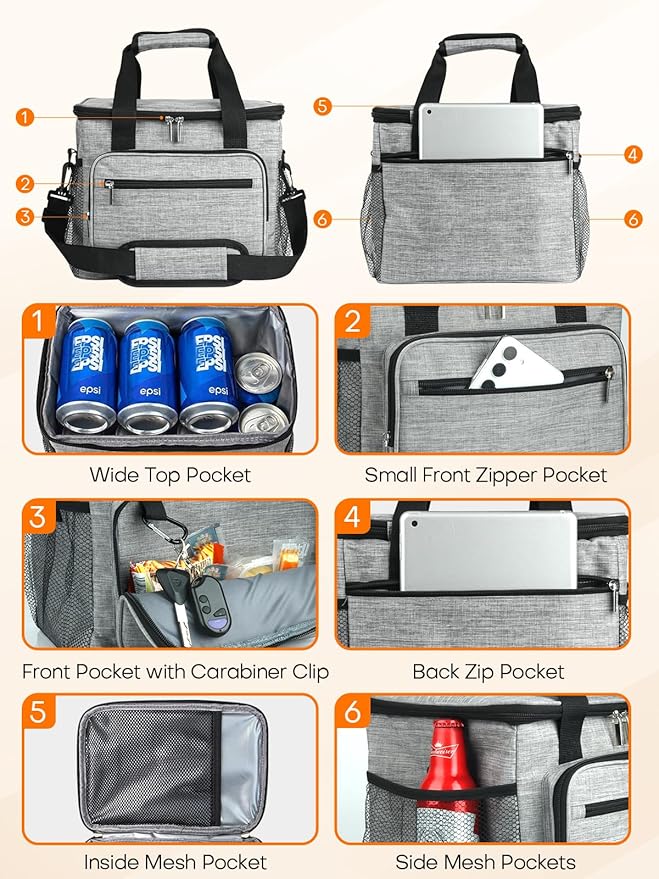 Insulated Lunch Bag, 15L Large Leakproof lunchbag Lunch Boxes for Adult Men Women, Soft Cooler Bags with 6 Pockets and Carabiner Clip for Work Picnic Travel (Gray)