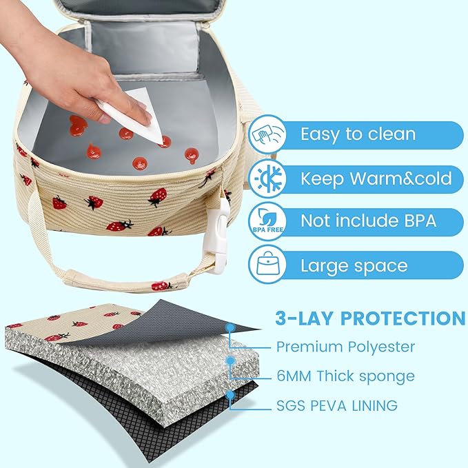 RLGPBON Cute Insulated Lunch Bags for Women and Teen Girls, Corduroy Lunch Tote Bags Reusable Lunch Box, Large Capacity Cooler Tote Bag for Work Picnic or Travel