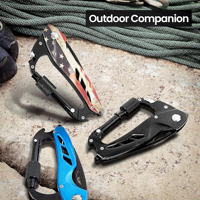 Multitool Carabiner Knife Tools for Men, Cool Gadgets Survival Gear with Folding Knives, Bottle Opener, Window Breaker and Screwdriver for Hiking Camping, 7-in-1 EDC Multi Tool (USA Flag)