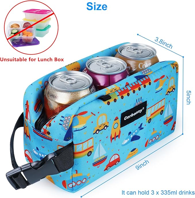 Cerbonny Freezable Lunch Cooler Bag for School/Work Travel, Mini Insulated Cooler, Fit for Yogurt & Snacks, Suitable for 3+, Blue Vehicle Theme