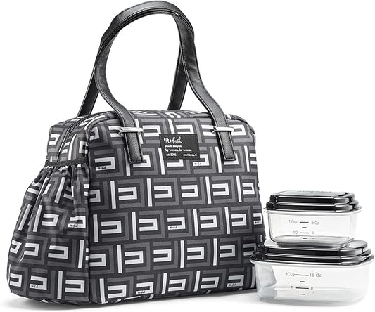 Fit & Fresh Insulated Lunch Box For Women, Leakproof & Stain-Resistant With Expandable Bottle Pocket, Zipper Closure - Laketown Lunch Bag Black Geo