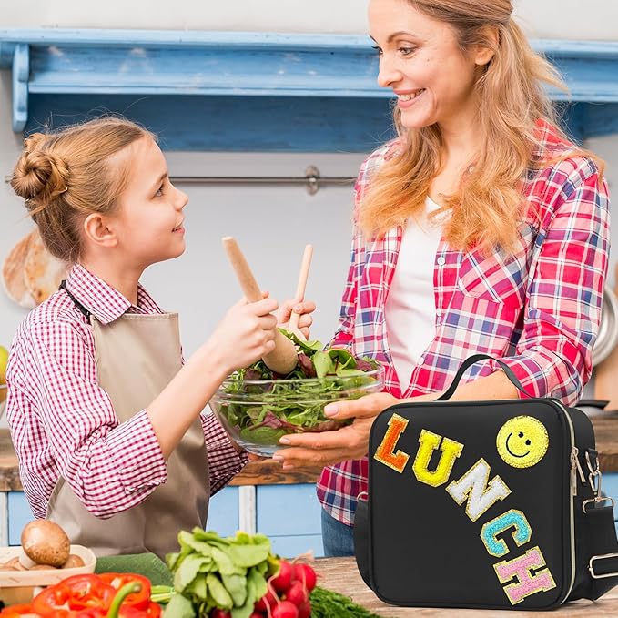 Insulated Lunch Bag Women Lunch Box Kids for Teen Girls Boys, Cute Preppy Lunch Boxes With Adjustable Shoulder Strap, Waterproof Nylon Lunchbox Lunch Bags for School Work Picnic (Black)