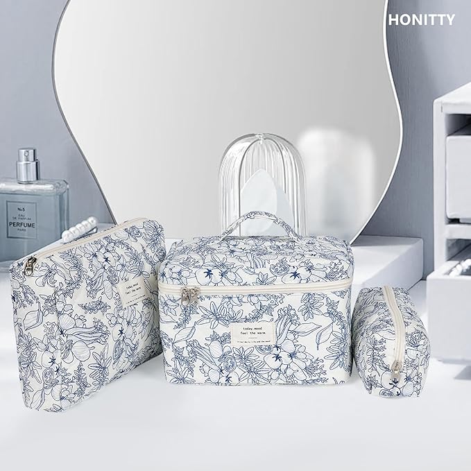 Makeup Bag,Quilted Cosmetic Bags,Large Floral Make Up Organize bag,Makeup Bag Set for Women,Flower Travel Toiletry Bag