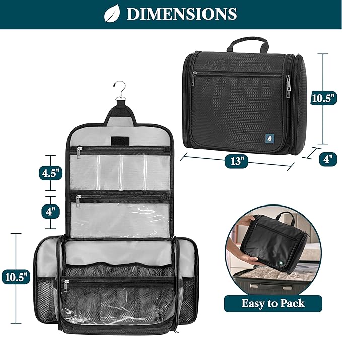 PAVILIA Large Hanging Toiletry Bag Travel Bag Women Men, Cosmetic Organizer, Water Resistant Makeup Bag Accessories Toiletries, Travel Essentials Kit, Black