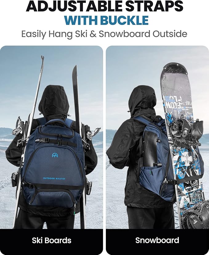 OutdoorMaster Ski Boot Bag, 50L Waterproof Snowboard Bag for Air Travel, Travel Boot Backpack for Ski Helmet, Goggles, Gloves, Skis, Snowboard & Accessories, for Men, Women and Youth - Blue