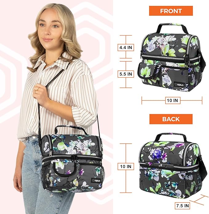 opux Lunch Bag Women Insulated, Adult Lunch Box Cooler, Flower Lunch Box, Dual Compartment Lunchbox for Work, Leakproof Double Decker Lunch Bag, Soft Lunch Pail Tote Girls Kids School, Floral Gray