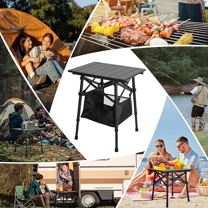 Folding Camping Table - Small Outdoor Table with Storage Bag - Adjustable Height 14.2'' & 18.9'', Portable Lightweight Aluminum Foldable Side Table for Picnic, BBQ, Beach & Tailgating