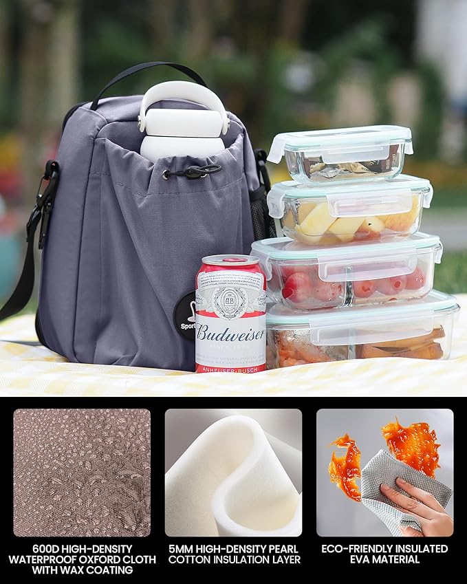 Sports rabbit Insulated Lunch Bag for Men – Front Pocket Compatible with 40/30OZ YETI Bottles – Leakproof Cooler Tote, Water-Resistant Wax-Coated Oxford – Perfect for Work, Travel, Picnics (Gray)