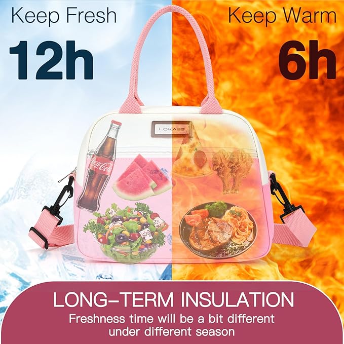 LOKASS Lunch Box for Women-Insulated Adults Lunch Bag with Front Pocket-Small Cute Lunch Tote for Work-Reusable Cooler Bag for Office Picnic Beach or Travel (Pink