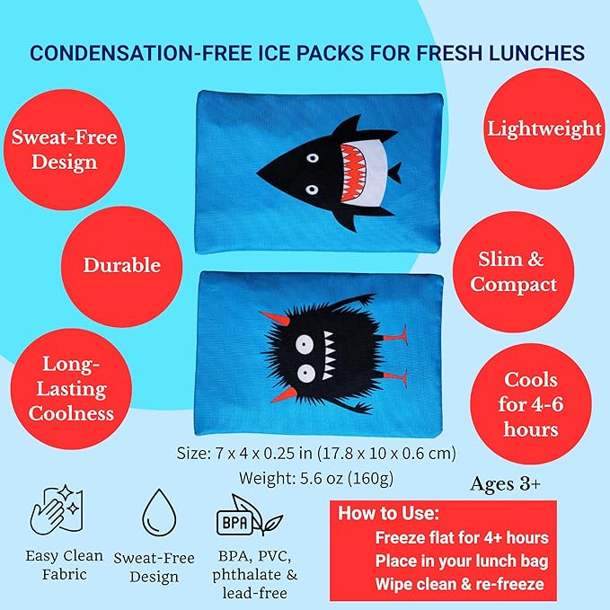 Yumbox Reusable Soft Ice Packs with Fabric Sleeve for Lunch Box and Cooler, Sweatproof, Pack of 2 Gel Ice Packs (Monster Shark)