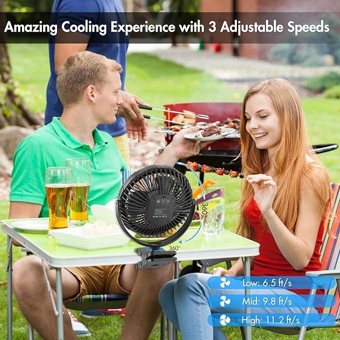 Rechargeable Camping Fan, Battery Operated with Timer, Powerful Airflow Portable Fan, Strong Clip with Light & Hook for Camping Outdoor Travel BBQ Hurricane Power Outage