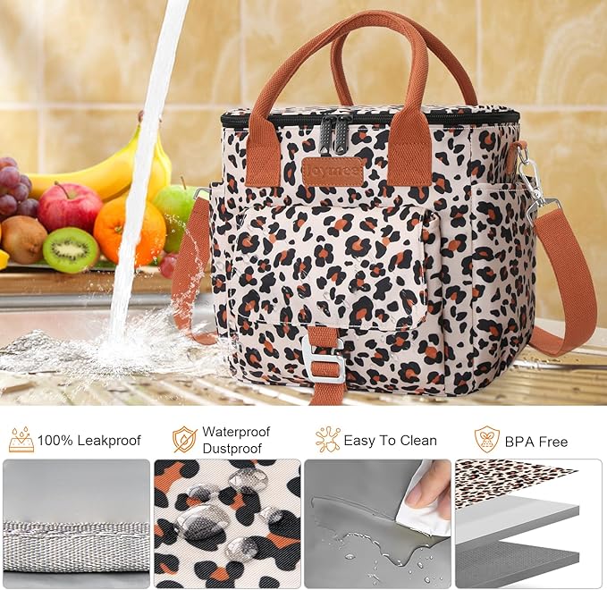 Joymee Insulated Lunch Bag for Women/Men, Waterproof Lunch Box for Office Work Picnic Beach, Reusable Large Leakproof Cooler Tote Bag with Adjustable Shoulder Strap & Side Pocket, Leopard Print
