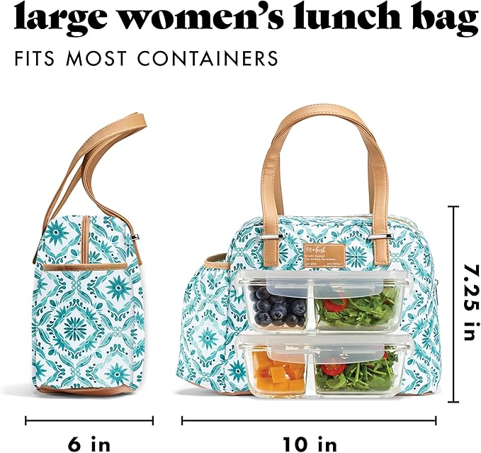 Fit & Fresh Lunch Bag For Women, Insulated Womens Lunch Bag For Work, Leakproof & Stain-Resistant Large Lunch Box For Women With Expandable Bottle Pocket, Zipper Closure Laketown Lunch Bag Aqua