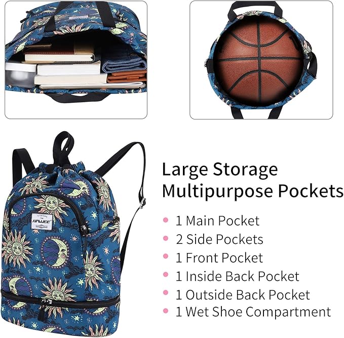 Dry Wet Drawstring Backpack with Shoe Compartment for Women Adjustable Gym Bag