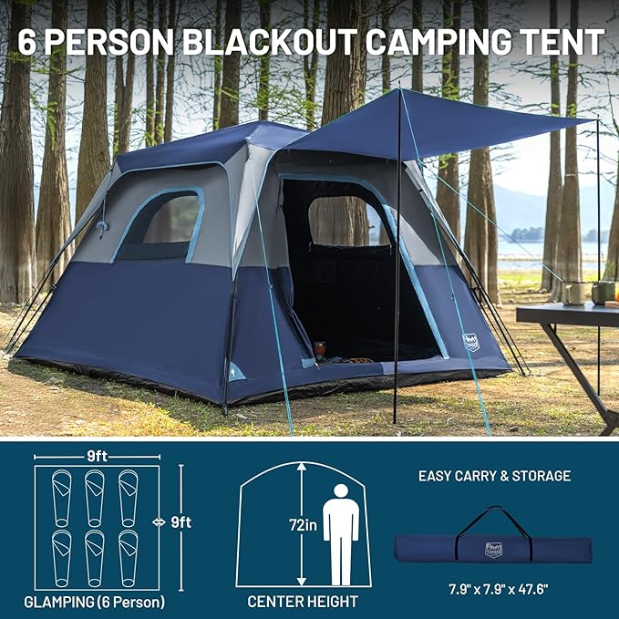 TIMBER RIDGE 5-6 Person Blackout Camping Tent, 60s Easy Setup Instant Cabin Tent for Family with Rainfly, Water-Resistant, 9' x 9' x 72" for Outdoor Adventures Gatherings