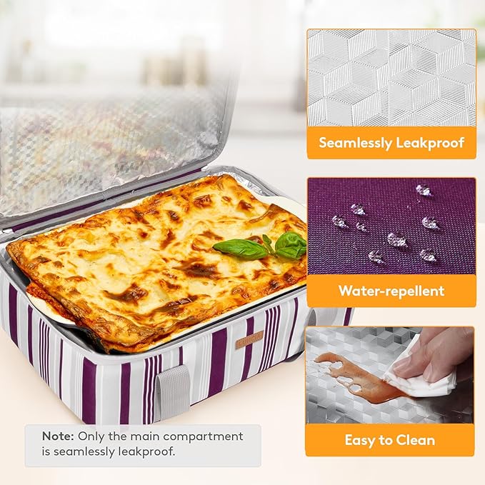 Insulated Casserole Carrier for Hot or Cold Food, Lasagna Lugger Tote for Potluck Parties/Picnic/Cookouts, Fits 9"×13" Baking Dish, Purple