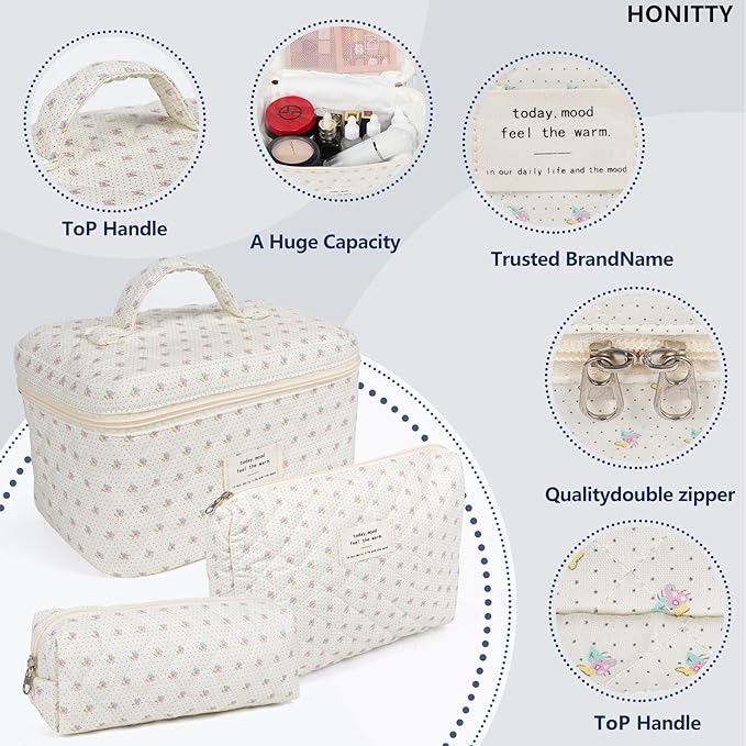 Makeup Bag,Quilted Cosmetic Bags,Large Floral Make Up Organize bag,Makeup Bag Set for Women,Flower Travel Toiletry Bag