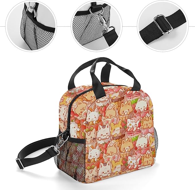 Lunch box Kids,Insulated Cat Lunch Bag Cute Small Pink Lunch Totebag Reusable Leakproof Corgi Lunch Bag With Shoulder Strap for Girls Boys Women School Work Picnic (red cat)