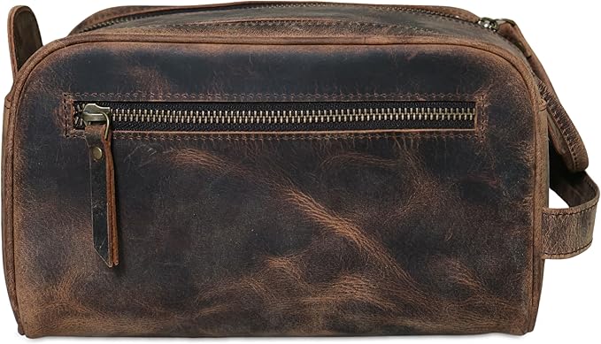 Premium Buffalo Leather Dopp Kit Toiletry Bag – Rustic Vintage Style Travel Organizer with Zipper Closure – Leather Shaving Bag for Men & Women and Spacious with Easy Carry Handle
