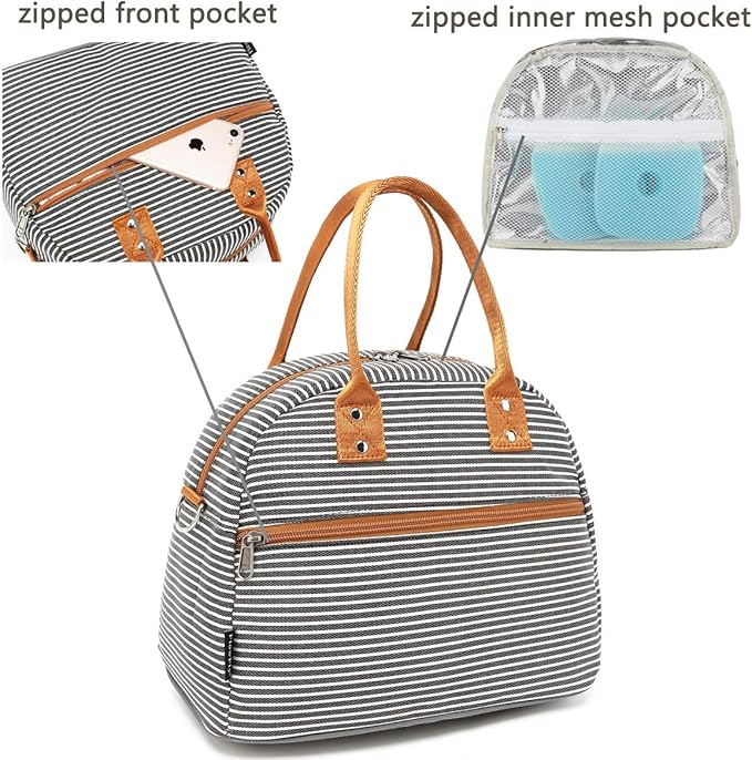 FlowFly Insulated Lunch Bag With Shoulder Strap for Women, Men, and Kids, Large and Reusable, Handle, Freezable Work and School Travel Tote and Meal Prep Organizer,White and Black Stripes