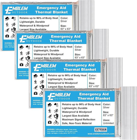 Emergency Thermal Blanket Made of Mylar for Survival, Hiking, Camping, First Aid, and Bug Out Bag - Extra Large (4-Pack)