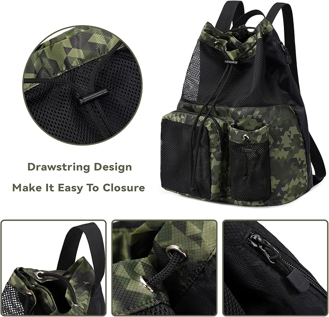 Lohol Large Mesh Drawstring Backpack with Shoe Bag, Durable Swimming String Sack with Handle for Sports Gym Yoga Beach Travel