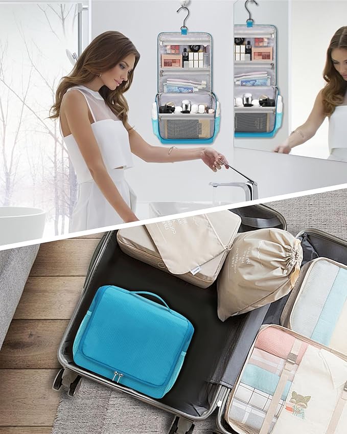 Relavel Toiletry Bag for Men, Hanging Travel Makeup Bag for Women, Waterproof Large Cosmetic Organizer Multiple Compartments for Accessories, Full Sized Toiletries, Dopp Kit Shaving Bag (Blue, Medium)