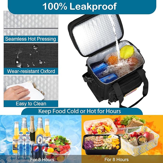 GLENKEY Double Deck Insulated Lunch Box, Expandable XLarge Lunch Bag Leakproof Cooler Bag Lunch Pail for Men Women Adults Work Shifts Travel Daytrip,22L,Black