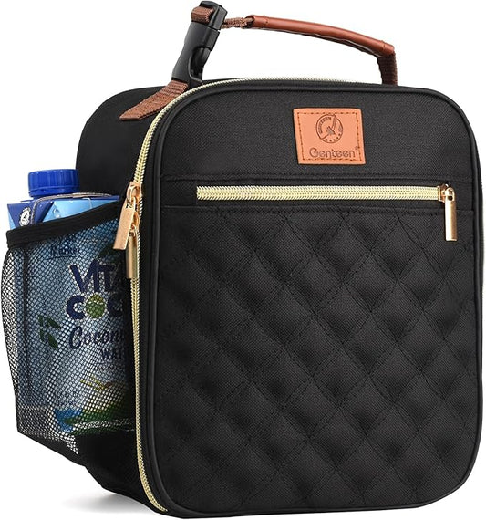 Lunch Box Reusable Lunch Bag for Men Women Kids Adults,Insulated Lunch Bag Waterproof Lunch Boxes Cooler,Small LunchBox With Side Pockets for Work Office School Travel Picnic-Black