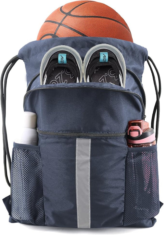 BeeGreen Drawstring Backpack Bag with Shoe Compartment, X-Large Black Gym Sports String Cinch Backpack