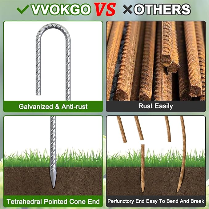 VVOKGO Rebar-Stakes-12-Inch Galvanized Ground Spikes,50 Pack J Hook Tent Stakes Heavy Duty Anti-Rust Fence Anchors with Chisel Point End, Securing Pins, Soccer Goals, Camping Tents, Garden Decoration