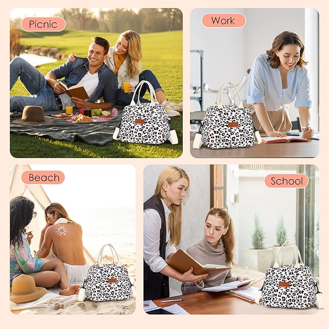LOKASS Lunch Box for Women-Insulated Adults Lunch Bag with Removable Shoulder Strap&Front Pocket，Cute Lunch Tote for Work-Reusable Leopard Print Cooler Bag for Office Picnic Beach or Travel