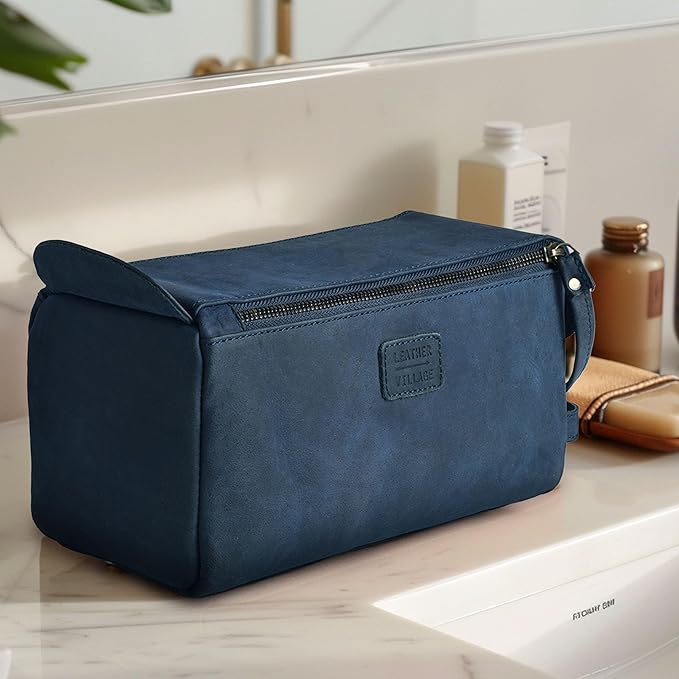 LEATHER VILLAGE Premium Leather Travel Toiletry Bag - Unisex Water-Resistant Travel Dopp Kit, Shaving & Cosmetic Organizer for Men & Women - Compact Bathroom Essentials - Royal Blue