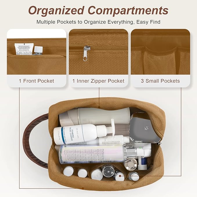 Travel Toiletry Bag for Men, Hanging Toiletry Organizer, Water Resistant Shaving Kit with Large Capacity for Travel Accessories - Brown