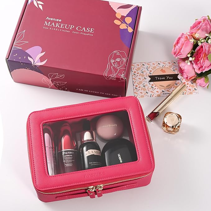 Aveniee Large Clear Makeup Bag Cosmetic bags, Travel Toiletry Bag for Women, Clear Make up Bag Case, Chic Makeup Pouch with Transparent Vinyl Windows & Gold Zippers(Hotpink)