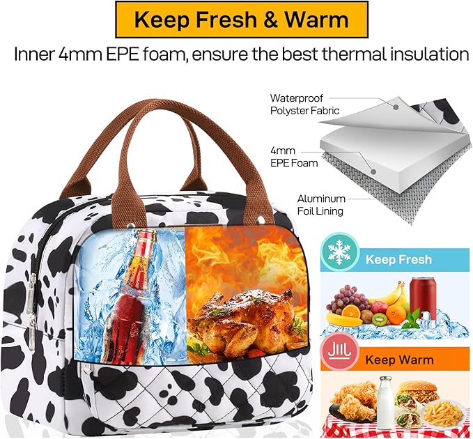 Buringer HOMESPON Lunch Bag for Woman Man Adults with Front Pocket Insulated Lunch Tote Lunch Box Container for Work Picnic or Travel（Cow）