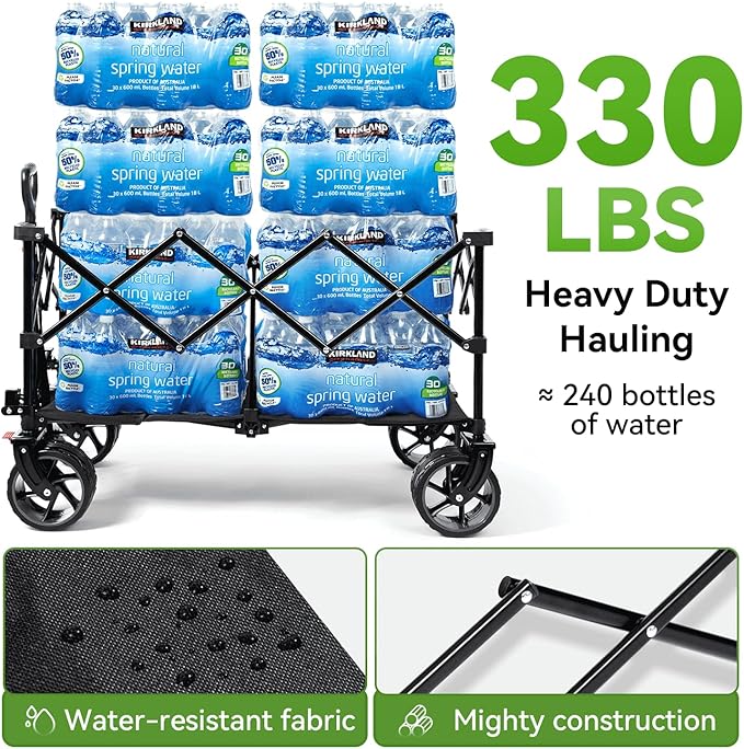 Hikenture Collapsible Wagon Cart, 330lbs Capacity Beach Wagons with Big Wheels for Sand, Heavy Duty Foldable Cart with Brakes, Portable Utility Folding Garden Cart for Outdoor