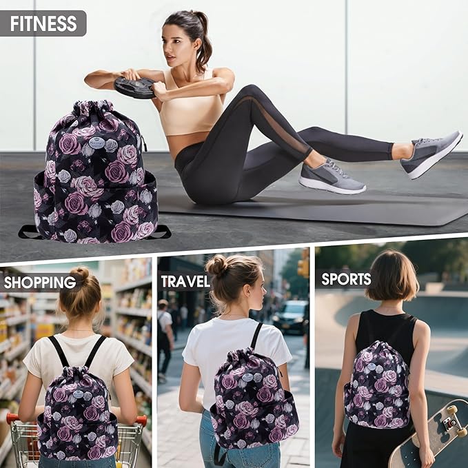 HUA ANGEL Floral Print Drawstring Bag - Lightweight Waterproof Cinch Sackpack with Side Pocket for Men & Women Travel Gym Bag