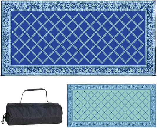 Stylish Camping 119183 9-feet by 18-feet Reversible Mat, Plastic Straw Rug, Large Floor Mat for Outdoors, RV, Patio, Backyard, Picnic, Beach, Camping (Blue/Light-Green)