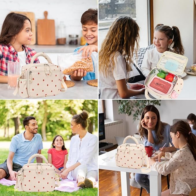 LOIDOU Lunch Box for Kids Girls Cute Corduroy Insulated Lunch Bag Thermal Meal Tote Reusable Lunch Pail Bags for School Travel (Corduroy Strawberry Beige)