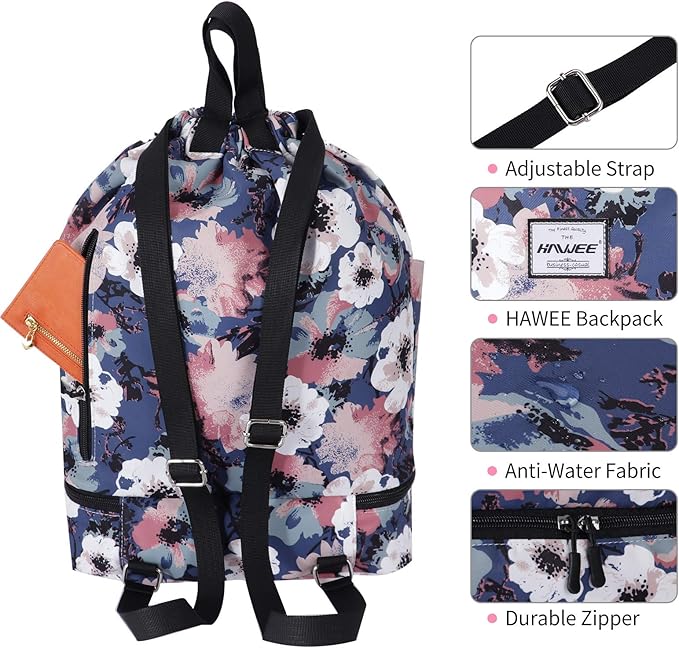 Dry Wet Drawstring Backpack with Shoe Compartment for Women Adjustable Gym Bag