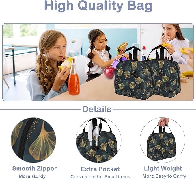 Golden Gingko Leaf Leaves Insulated Lunch Bag Reusable Lunch Box Women Men,Cooler Thermal Meal Tote for Kids School Student Picnic Office Work