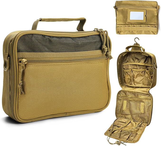 SUNRISING Tactical Toiletry Bag for Men - Hanging Travel Dopp Kit, Shaving Hygiene Organizer, Durable Bathroom Essentials for Short Trips & Camping Khaki（No molle）