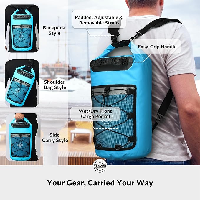 STOVER 5/10/25/30/40/55L Waterproof Dry Backpack- Medium Floating Dry Bag for Kayaking, Travel, Tubing, Hiking, Fishing, Camping, Motorcycles & the Beach, Heavy-Duty Roll Top Men/Women (Blue)